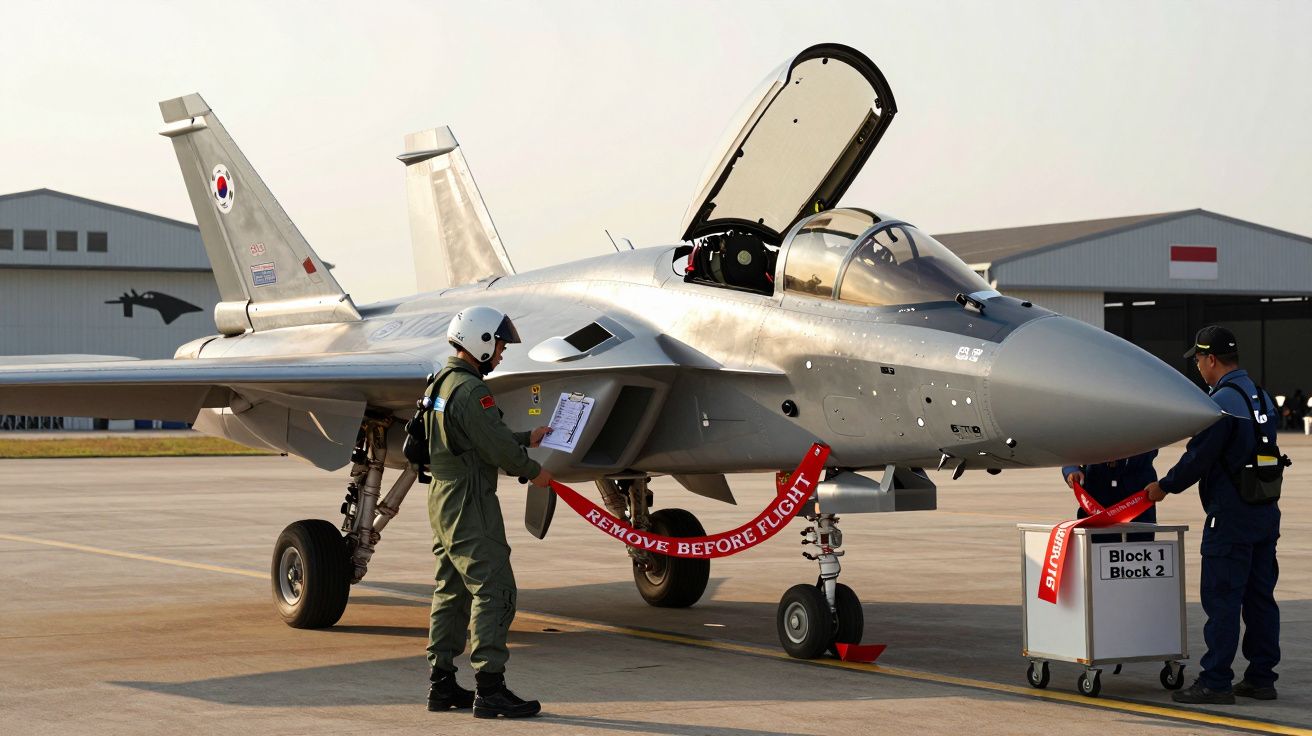 Samolot wojskowy na płycie lotniska, dwóch techników w kombinezonach przygotowuje go do lotu, otwarta kabina pilota.