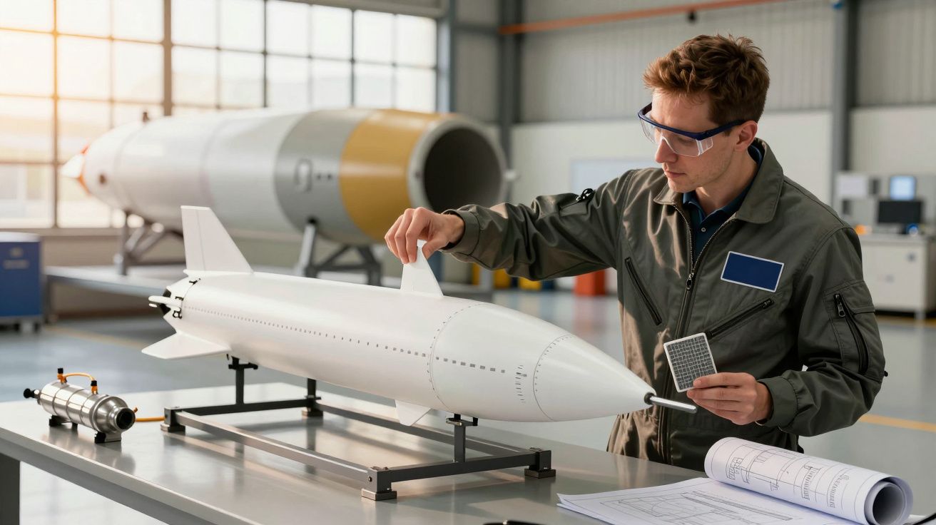 Mężczyzna w laboratorium bada model rakiety, używając narzędzi i planów inżynieryjnych.
