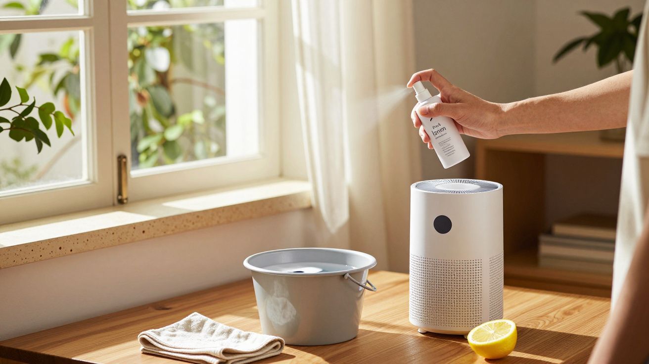 Osoba trzymająca butelkę nad białym oczyszczaczem powietrza na drewnianym stole, obok metalowego wiadra i połówki cytryny.