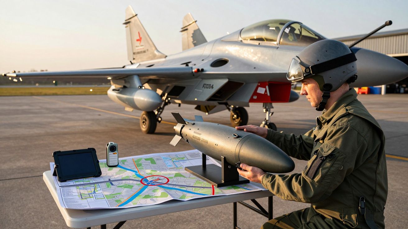 Pilot w hełmie analizuje mapę i model pocisku przed myśliwcem na lotnisku.