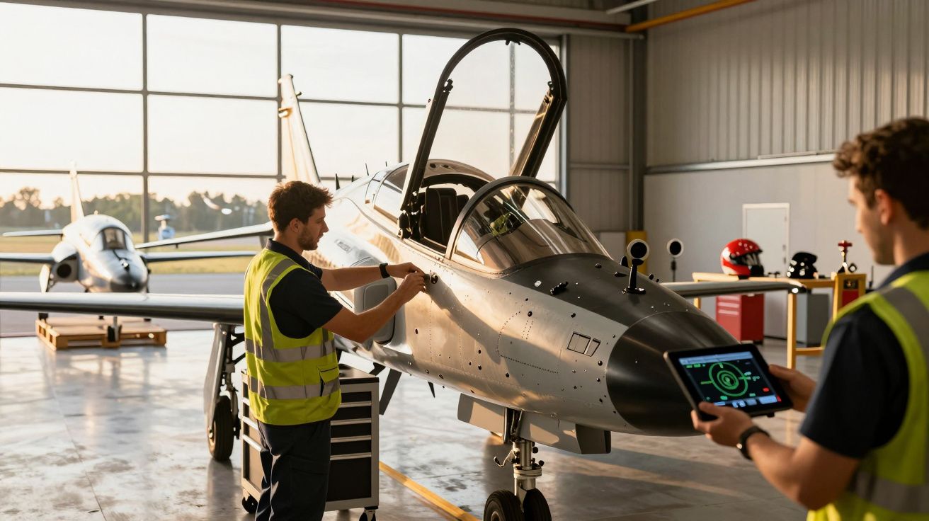 Dwóch techników w kamizelkach odblaskowych pracuje przy samolocie w hangarze. Jeden trzyma tablet.