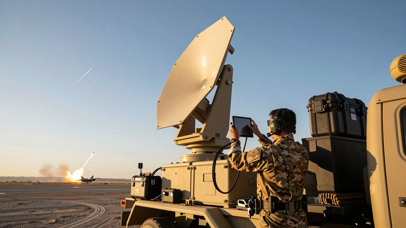 Żołnierz obsługujący urządzenie radarowe na samochodzie terenowym, rakiety lecą w tle, jasne niebo.