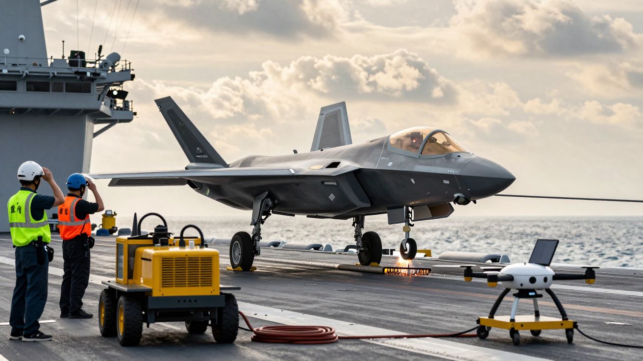 Myśliwiec na pokładzie lotniskowca na morzu; personel obsługi w kamizelkach asekuracyjnych przygotowuje do startu.