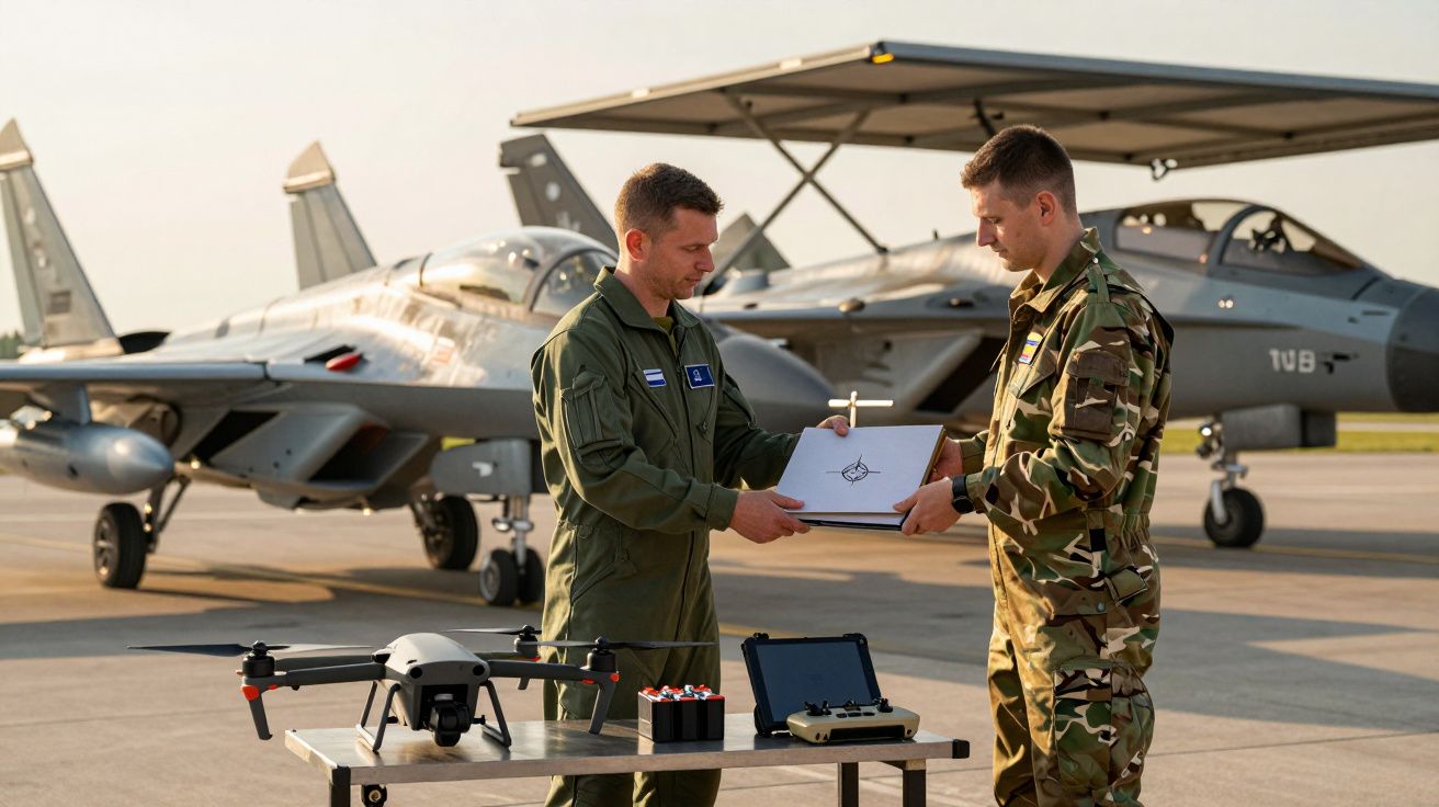 Dwóch żołnierzy w mundurach wojskowych na płycie lotniska z myśliwcami, dronem i laptopem na stoliku.