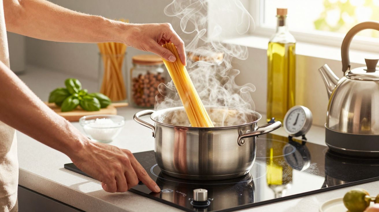 Osoba gotująca makaron w garnku na kuchence indukcyjnej w jasnej kuchni.