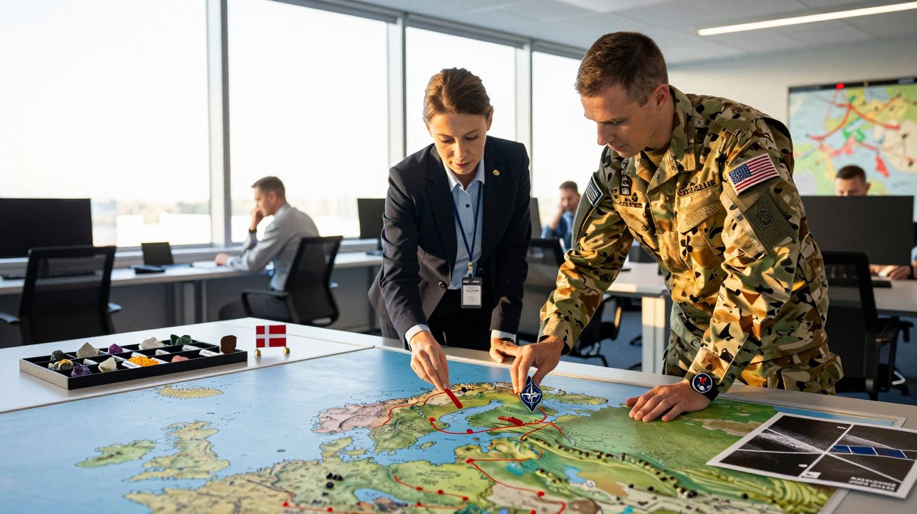 Mężczyzna w mundurze i kobieta w garniturze analizują mapę Europy w biurze z innymi pracownikami.