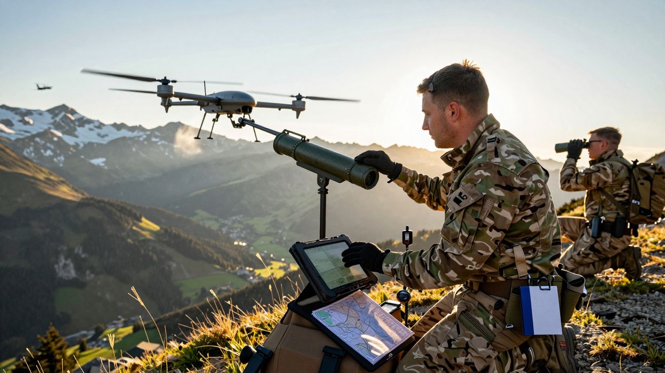 Żołnierz obsługujący drona na tle górskiego krajobrazu o zachodzie słońca.