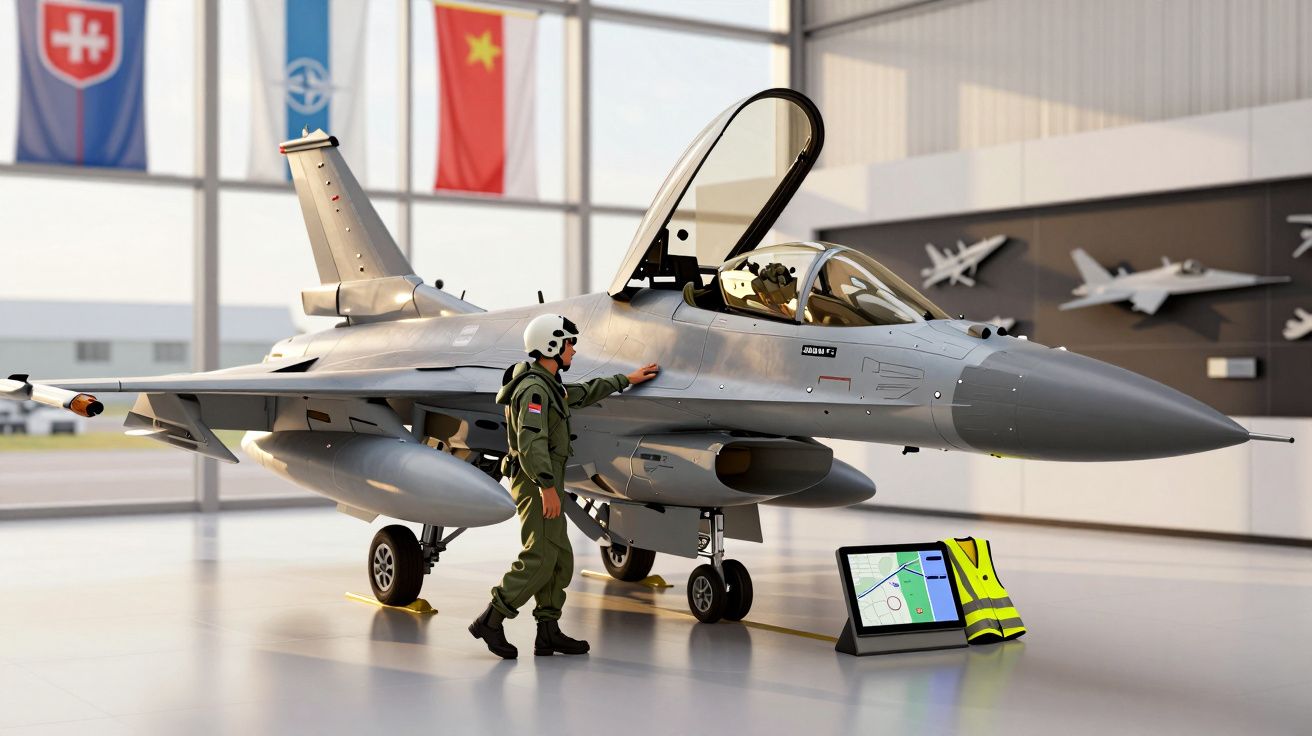 Pilot w kombinezonie i kasku obok myśliwca w hangarze, w tle wiszą flagi.