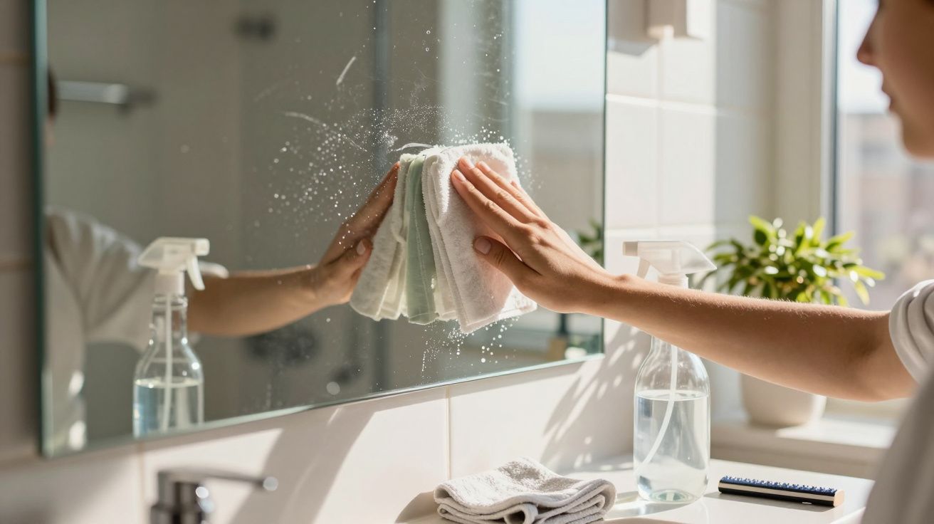 Osoba czyści lustro w łazience za pomocą ściereczki i płynu do mycia.