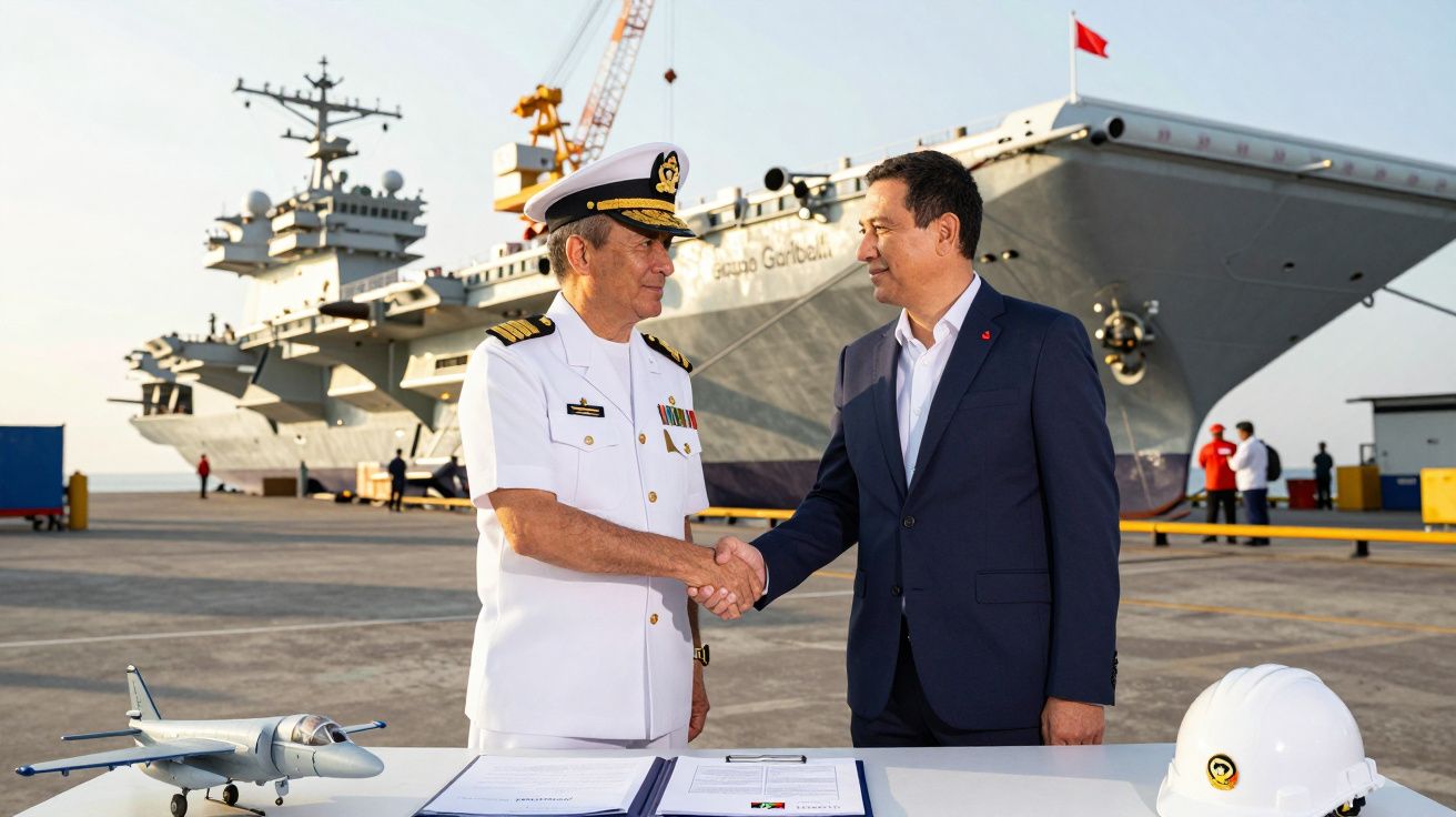 Dwóch mężczyzn uśmiecha się i ściska dłonie przed lotniskowcem na nabrzeżu. Na stole przed nimi model samolotu.