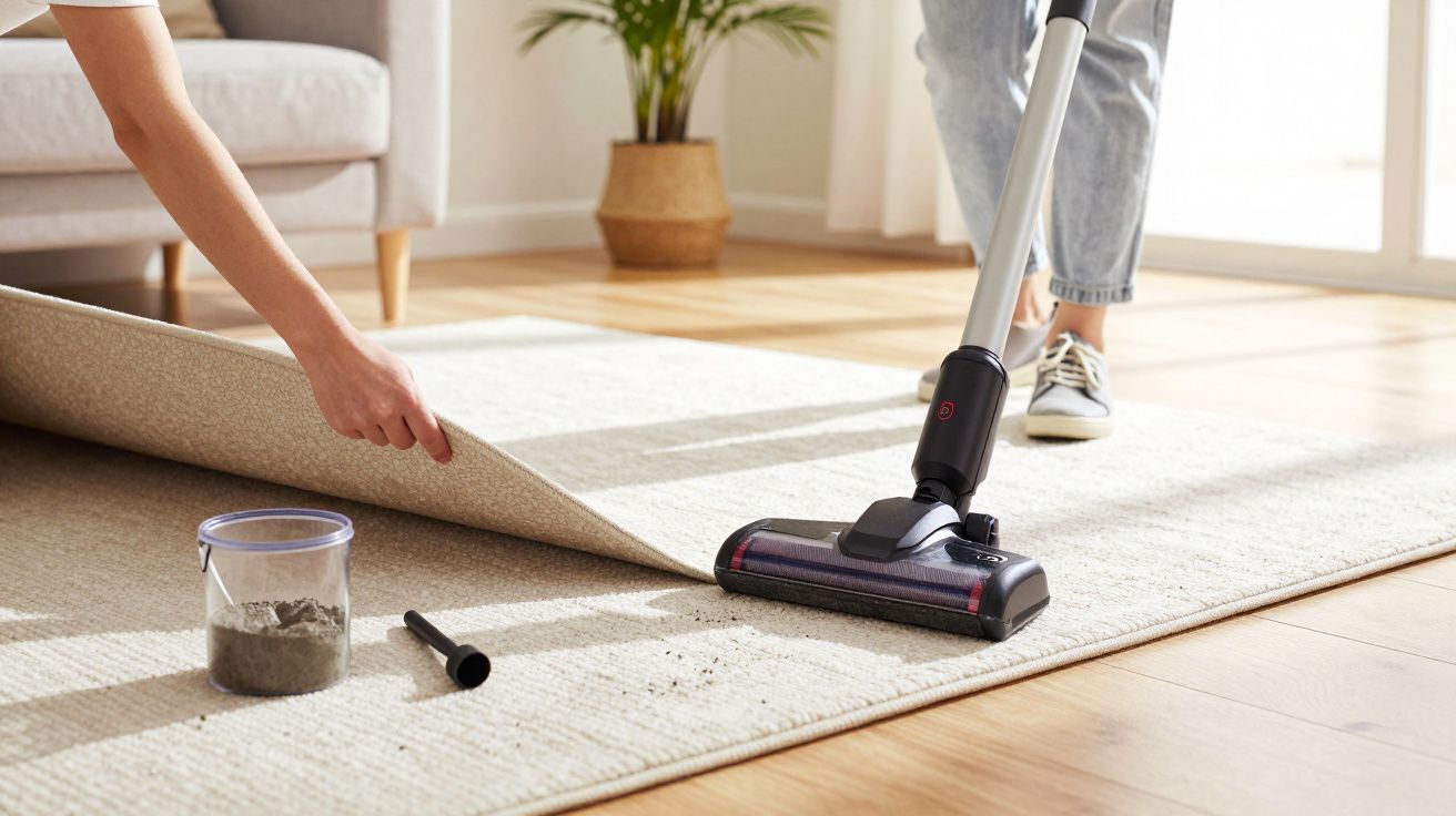 Osoba odkurza dywan w jasnym salonie; na podłodze leży pojemnik z kurzem.