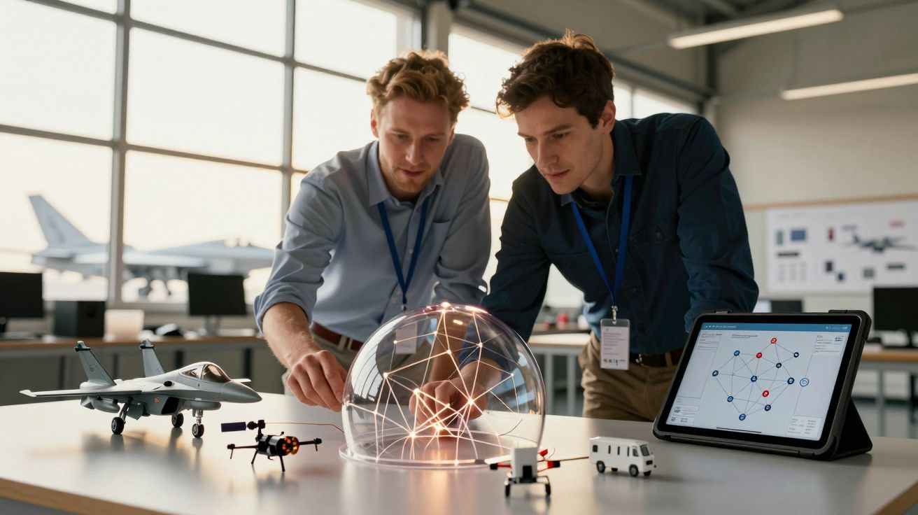 Dwóch mężczyzn projektuje model lotniczy przy stole z tabletem i miniaturowym samolotem w biurze.