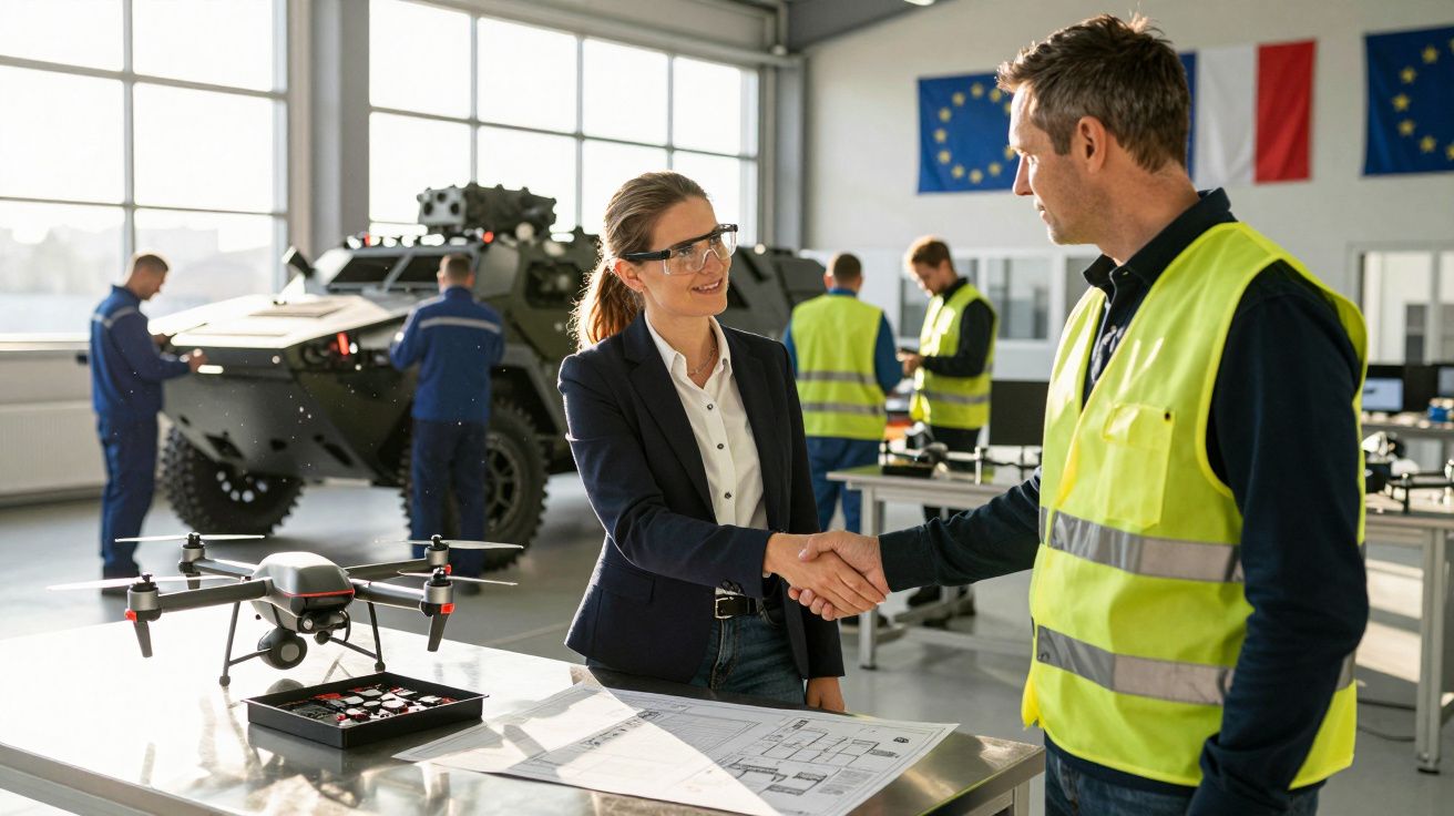 Kobieta i mężczyzna ściskają dłonie w fabryce z dronem na stole; w tle samochód opancerzony i flagi UE, Polski.