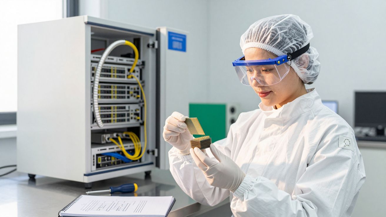 Naukowiec w stroju ochronnym bada komponent elektroniczny w laboratorium.