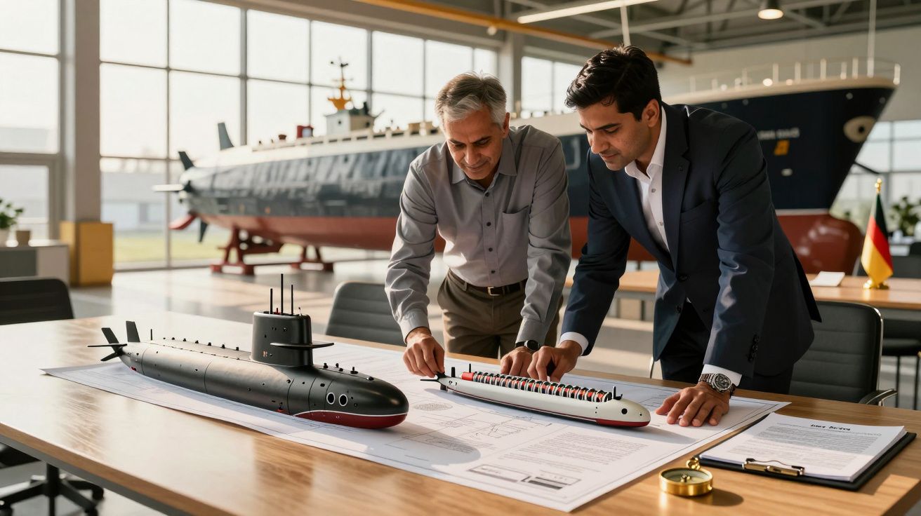 Dwóch mężczyzn omawia modele statków na stole w biurze projektowym. W tle widoczny duży statek.