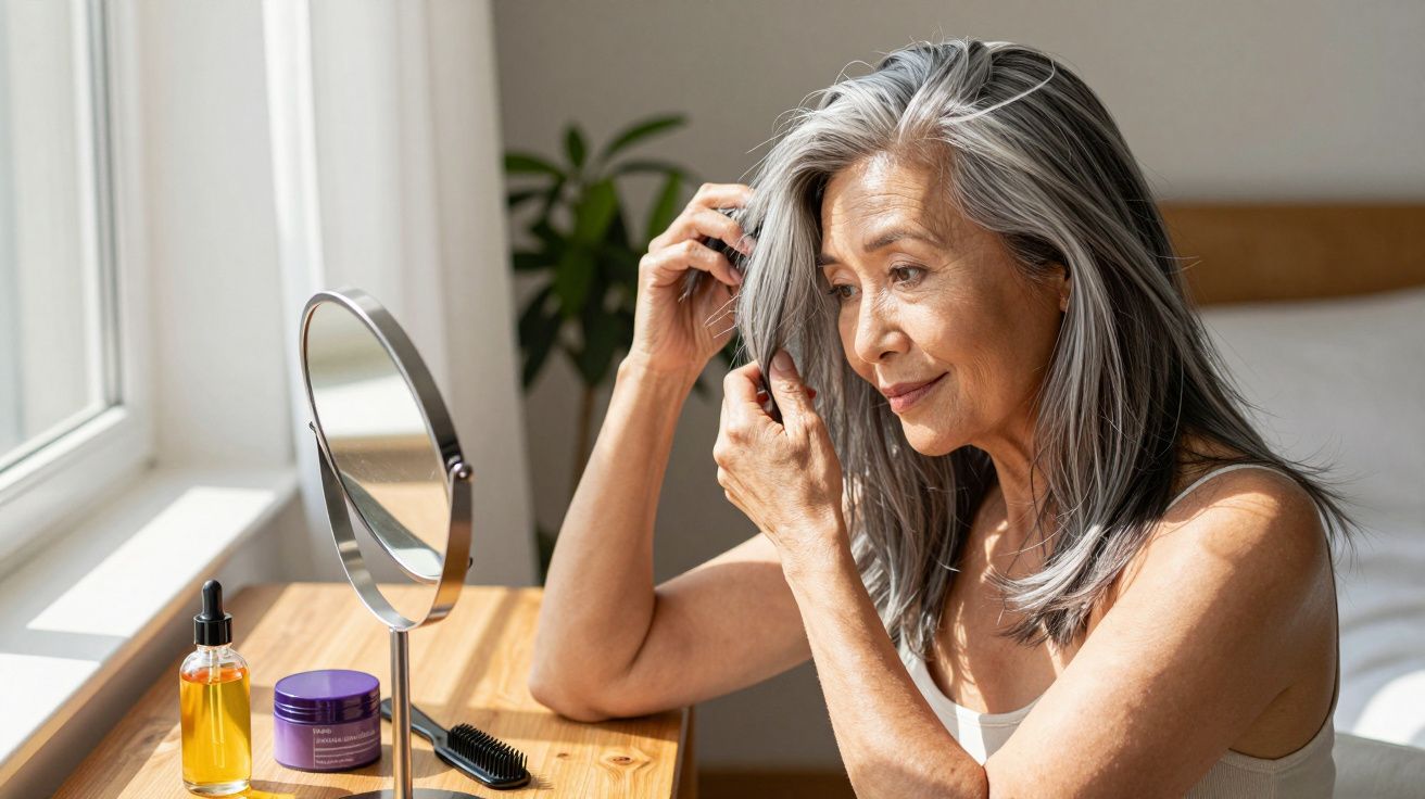 Kobieta o siwych włosach stylizuje je przed lustrem, na stole kosmetyki i szczotka.