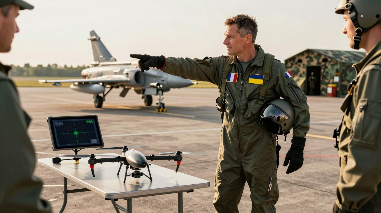 Pilot wojskowy na lotnisku instruuje grupę żołnierzy, obok dron i samolot myśliwski w tle.