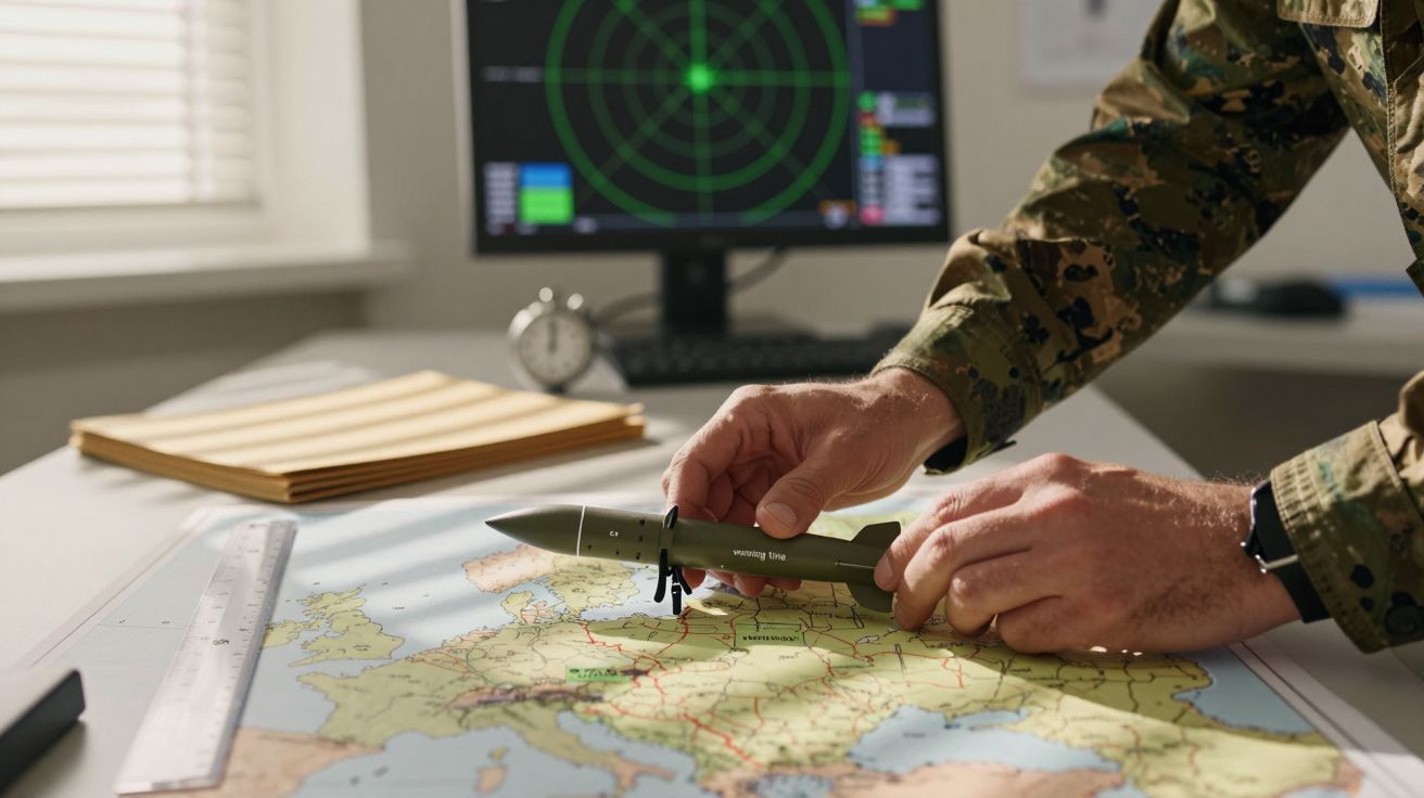 Osoba w mundurze wojskowym trzyma model rakiety nad mapą Europy na biurku z radarem w tle.