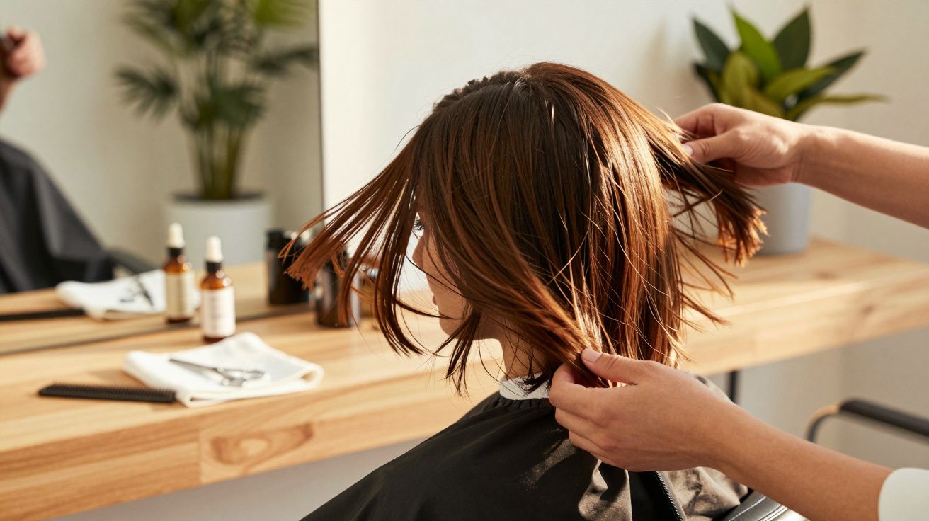 Kobieta z krótkimi włosami przygotowywana do strzyżenia w salonie fryzjerskim, otoczona produktami do pielęgnacji.