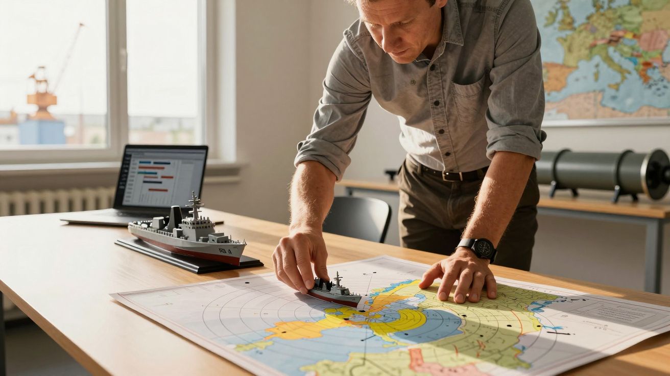 Mężczyzna w biurze, planuje na mapie morskiej, przesuwa model statku. W tle laptop, mapa i okno z widokiem.