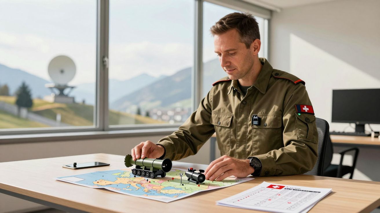 Mężczyzna w mundurze przy stole z mapą, modelami wojskowymi i kalendarzem w biurze z widokiem na góry.
