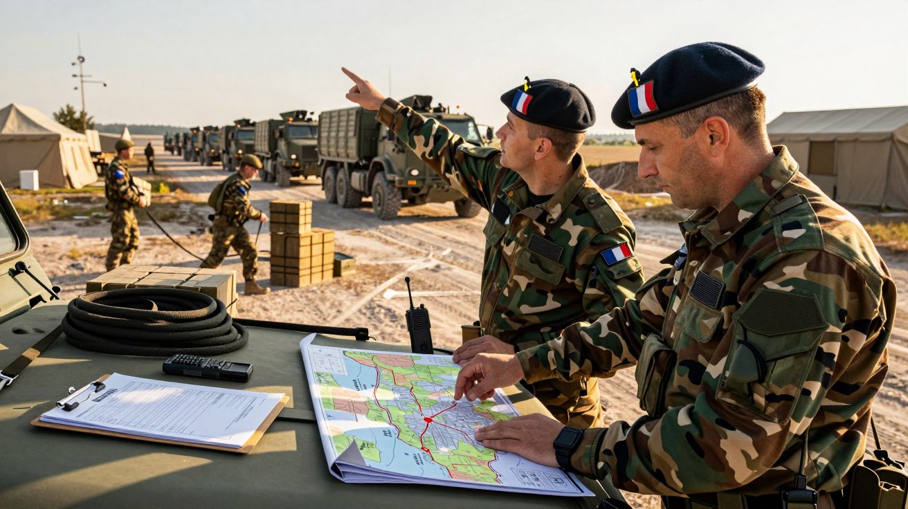 Żołnierze w mundurach kamuflażowych analizują mapę na tle ciężarówek i namiotów wojskowych w bazie polowej.