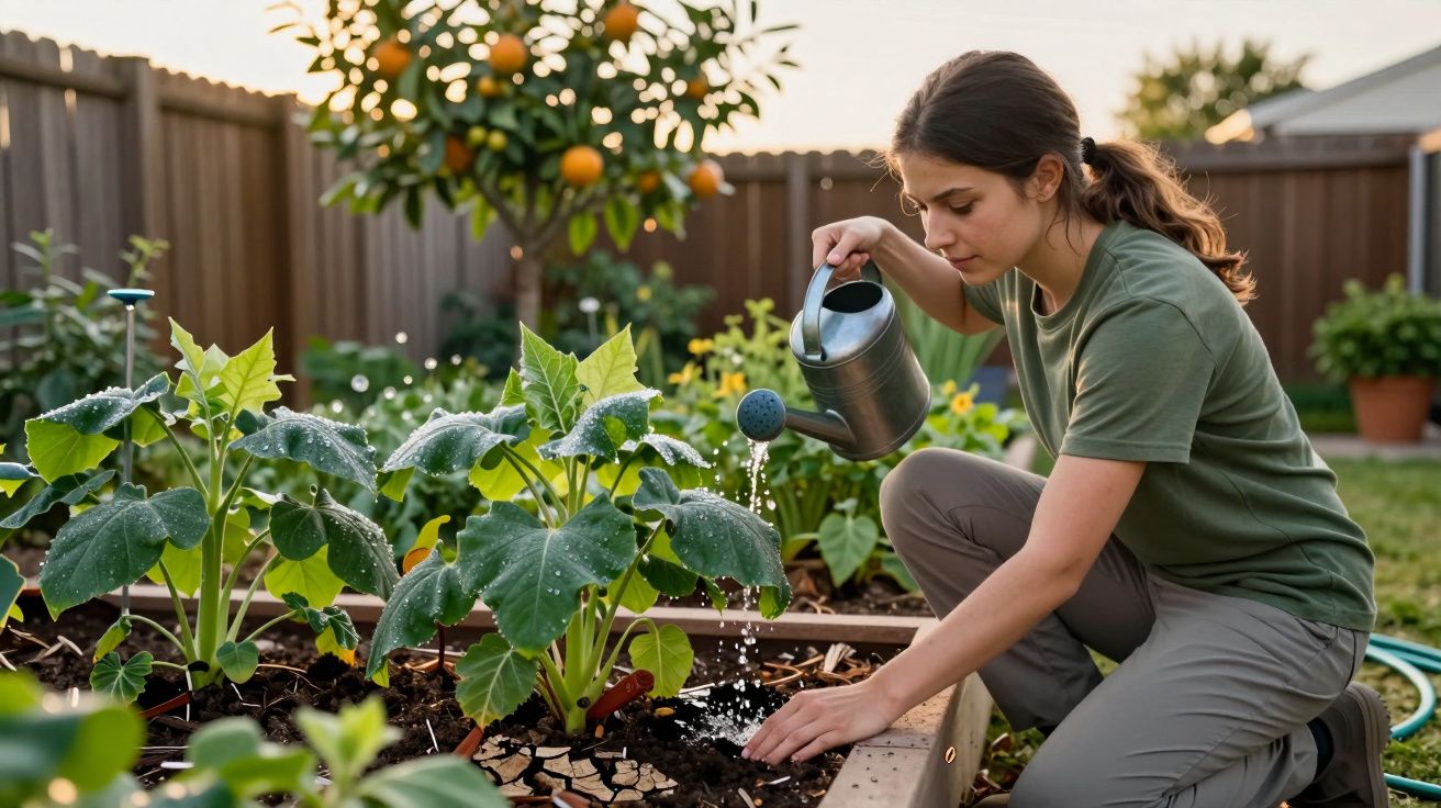 Kobieta podlewa rośliny w ogrodzie warzywnym, na tle ogrodzenia i drzewa z pomarańczami.