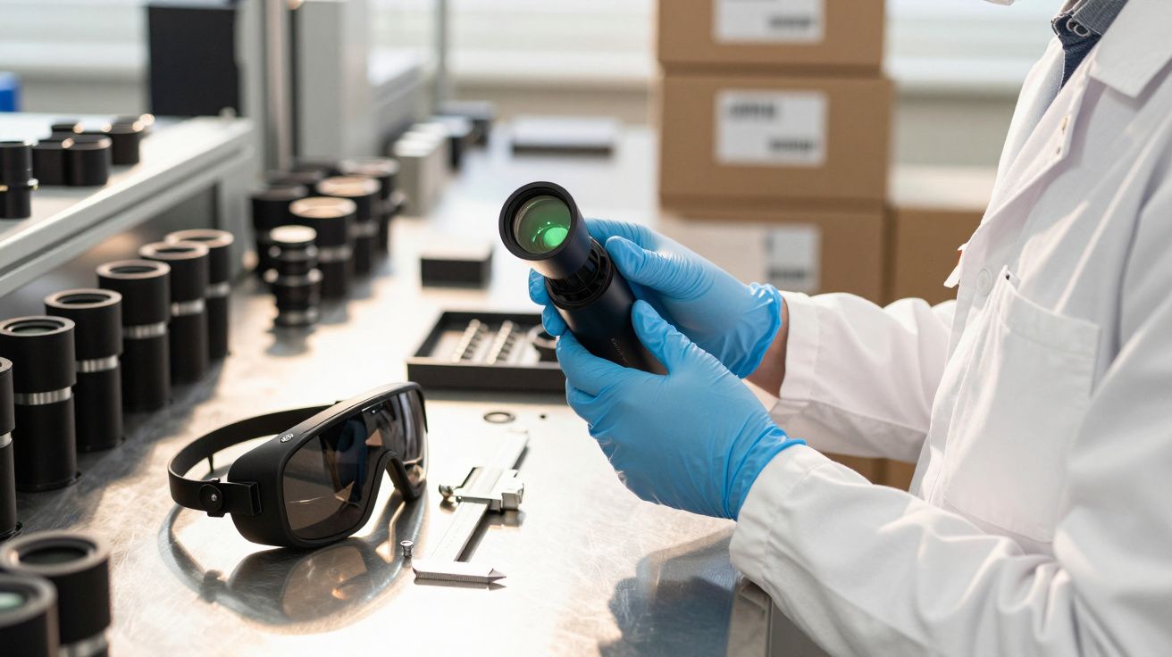 Osoba w rękawiczkach bada urządzenie optyczne na blacie roboczym z okularami ochronnymi obok.