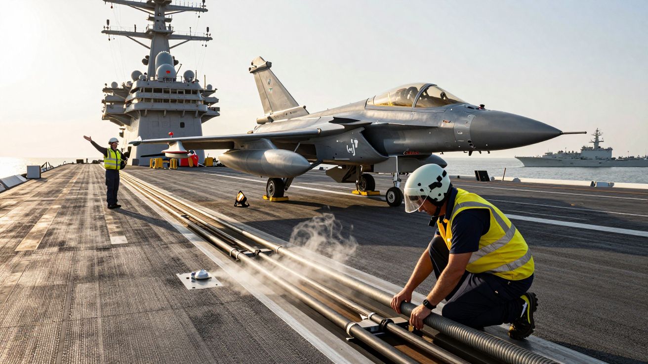 Myśliwiec na pokładzie lotniskowca, dwaj technicy w kamizelkach odblaskowych przygotowują samolot do startu.