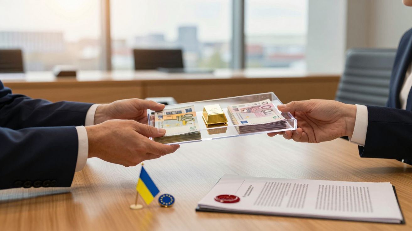 Dwie osoby wymieniają banknoty euro i złoty sztabek w biurze z flagą Ukrainy i Unii Europejskiej na biurku.