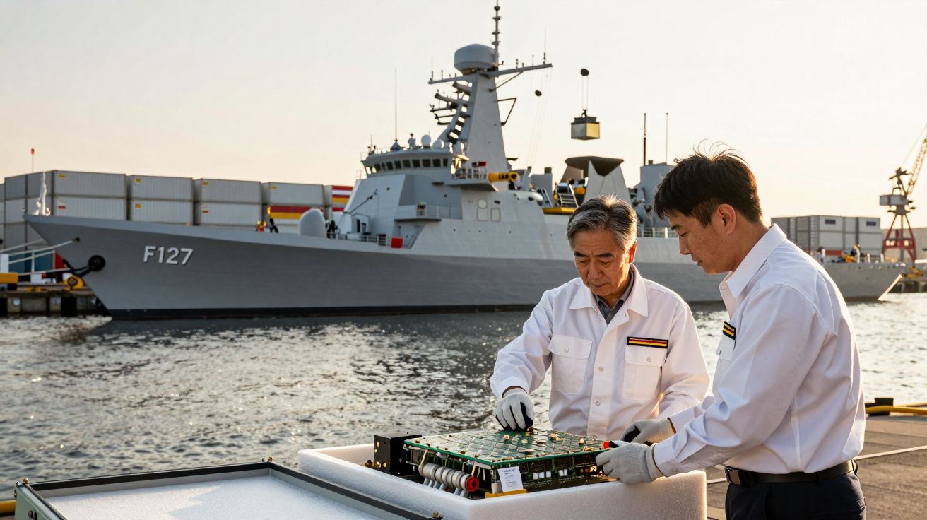 Dwóch mężczyzn w białych koszulach pracuje przy urządzeniu elektronicznym na nabrzeżu, w tle okręt wojenny F127.