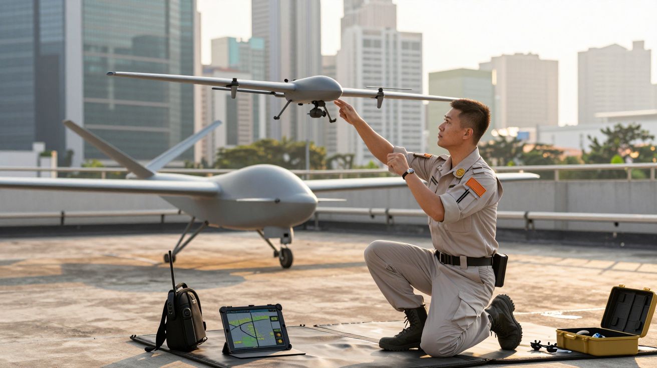 Mężczyzna w mundurze naprawia drona na dachu, obok tablet i walizka z narzędziami. W tle wieżowce miasta.