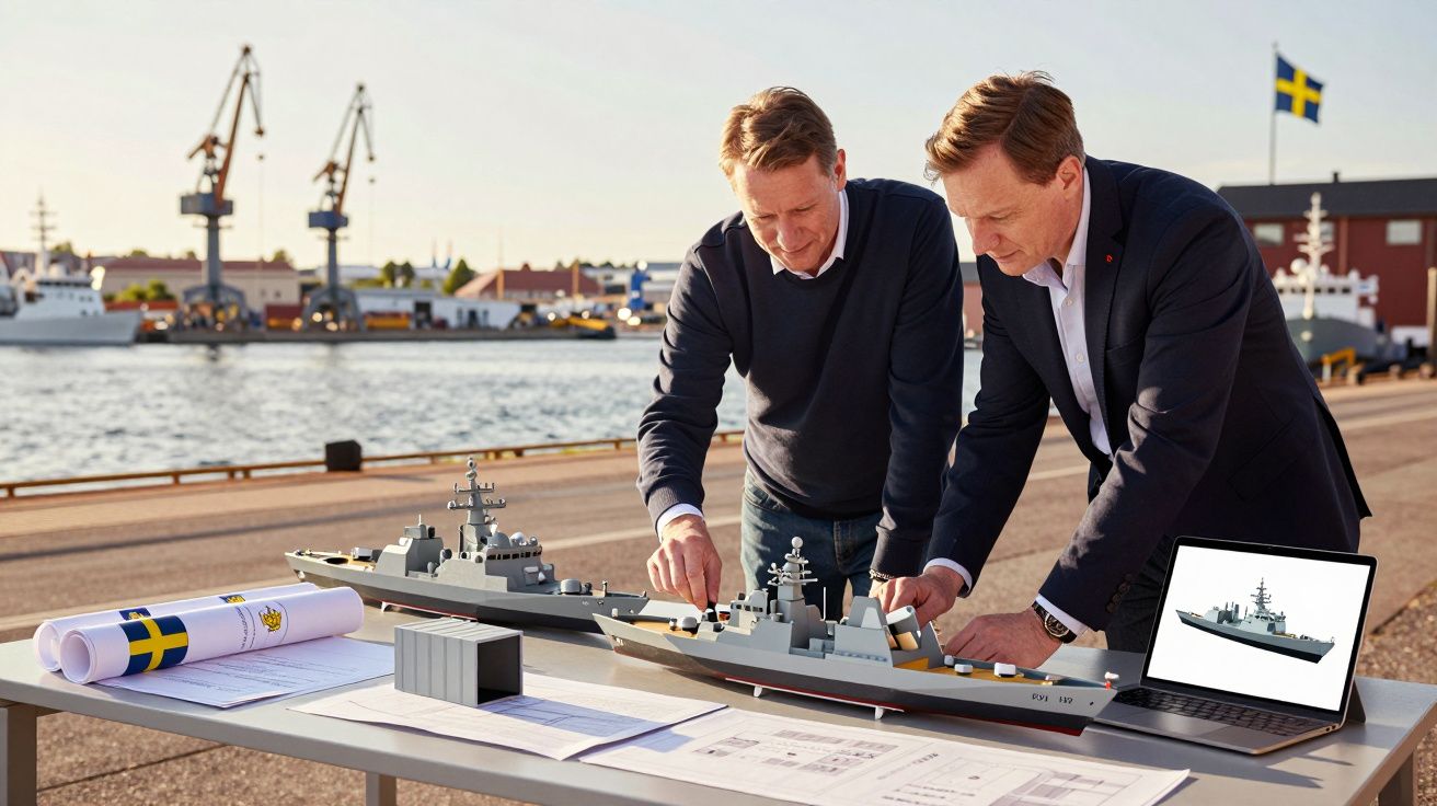 Dwaj mężczyźni przy stole oglądają modele statków wojennych, w tle port i dźwigi. Obok laptop i plany.