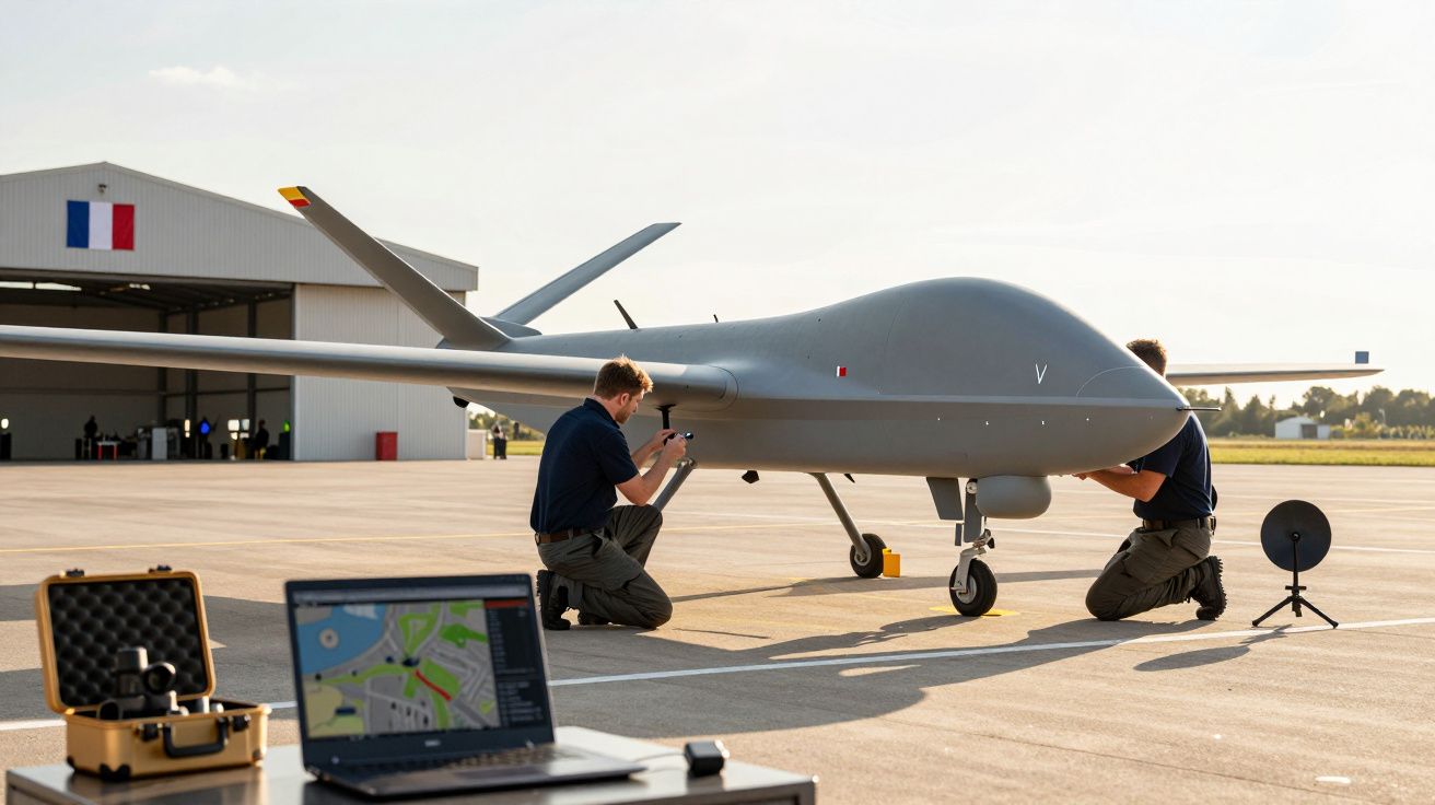 Dwóch techników sprawdza drona na lotnisku. W tle hangar z flagą Francji, z przodu laptop z mapą.