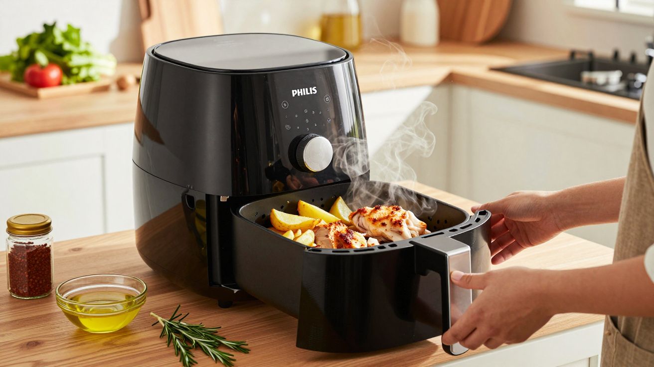 Osoba wyciąga gorące danie z frytkownicy beztłuszczowej na drewnianym blacie w kuchni.