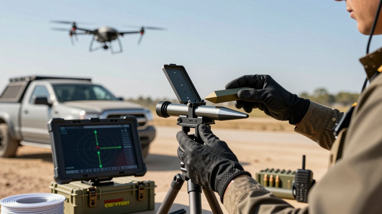 Osoba obsługująca sprzęt do kontroli dronów na pustyni, w tle samochód terenowy i latający dron.