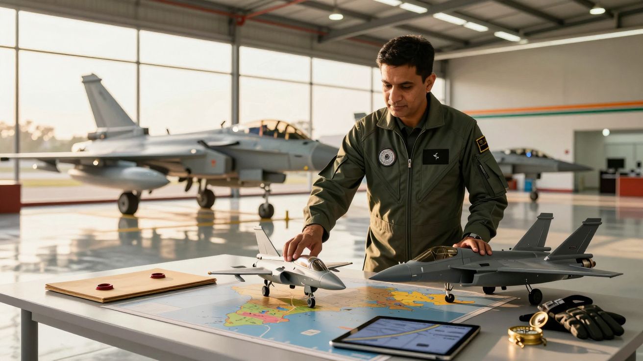 Mężczyzna w hangarze analizuje modele samolotów na mapie przy stole, w tle samoloty wojskowe.