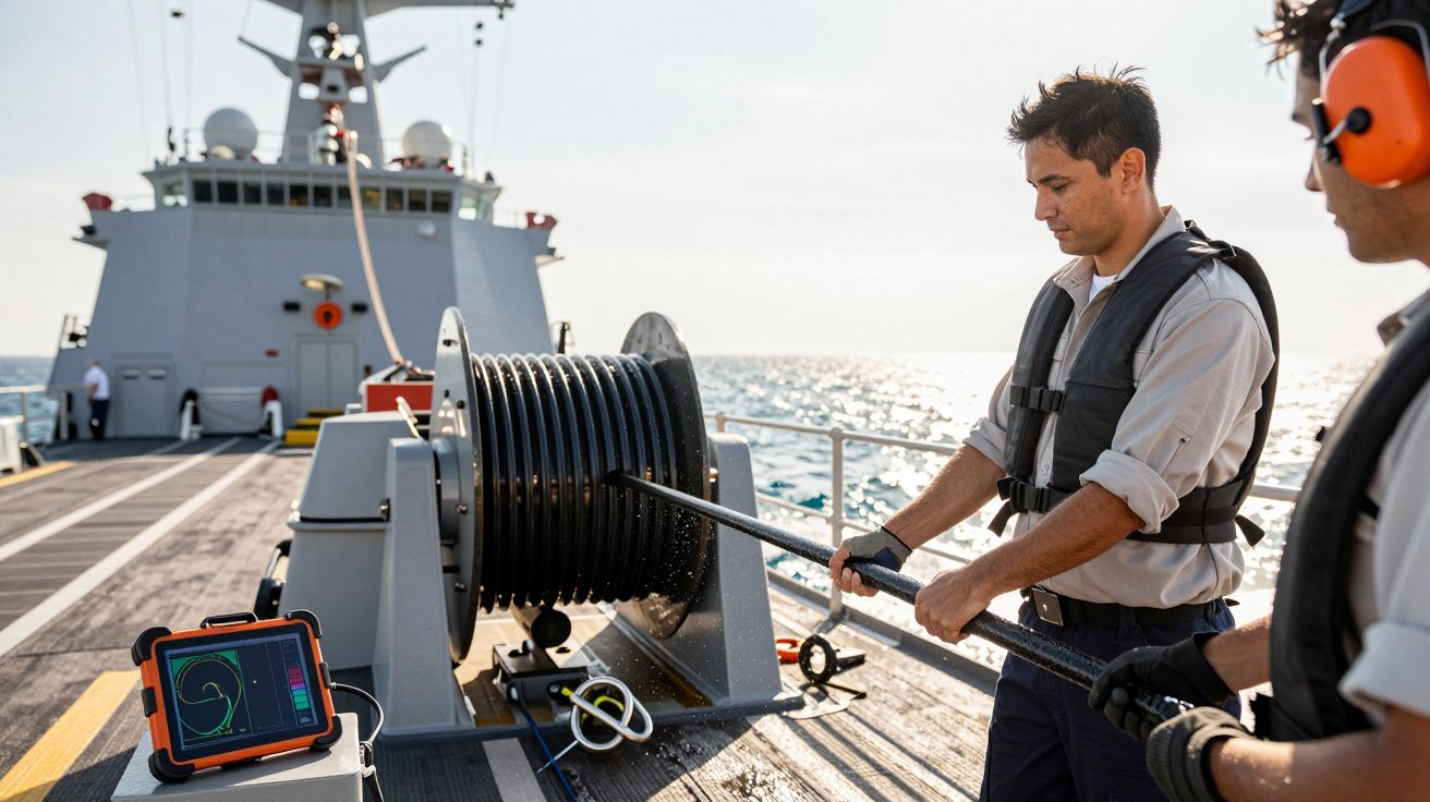 Dwóch marynarzy na pokładzie statku obsługuje sprzęt nawigacyjny, stojąc obok bębna z kablem, z morzem w tle.