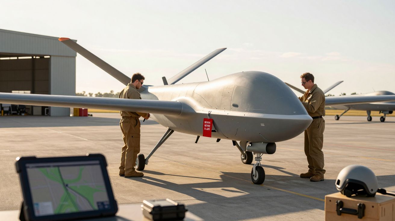 Dwóch mężczyzn w uniformach sprawdza duży dron na lotnisku, w tle hangar i sprzęt.