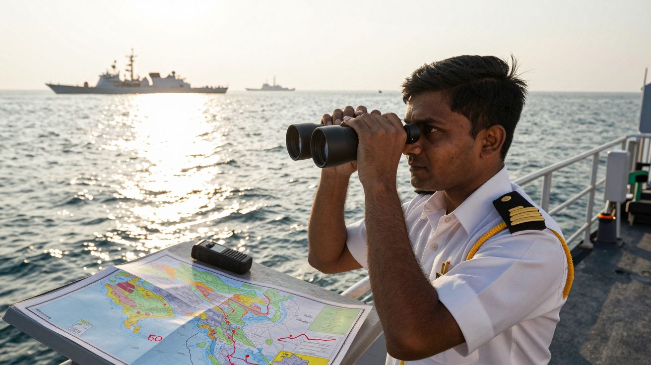 Marynarz z lornetką na pokładzie statku, mapa i radio na stole, dwa okręty wojenne na horyzoncie.