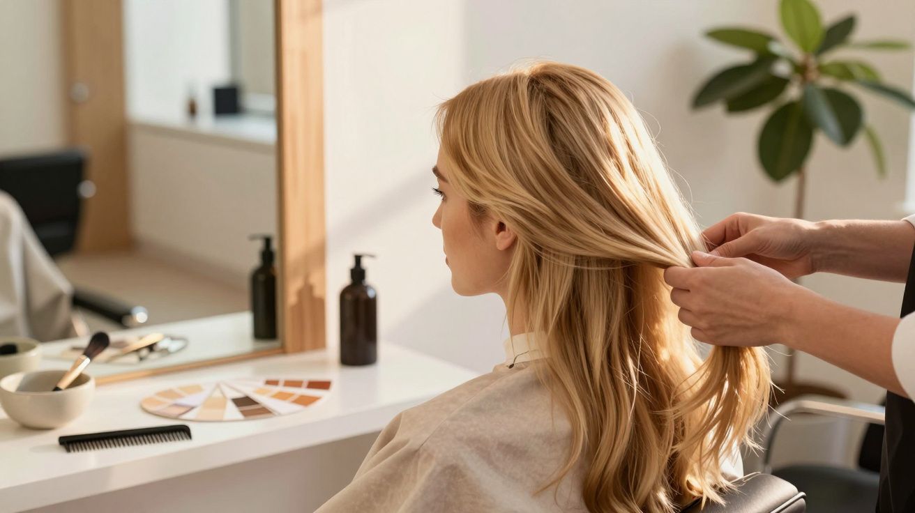 Fryzjer stylizuje długie blond włosy kobiety na siedzeniu przed lustrem w salonie fryzjerskim.