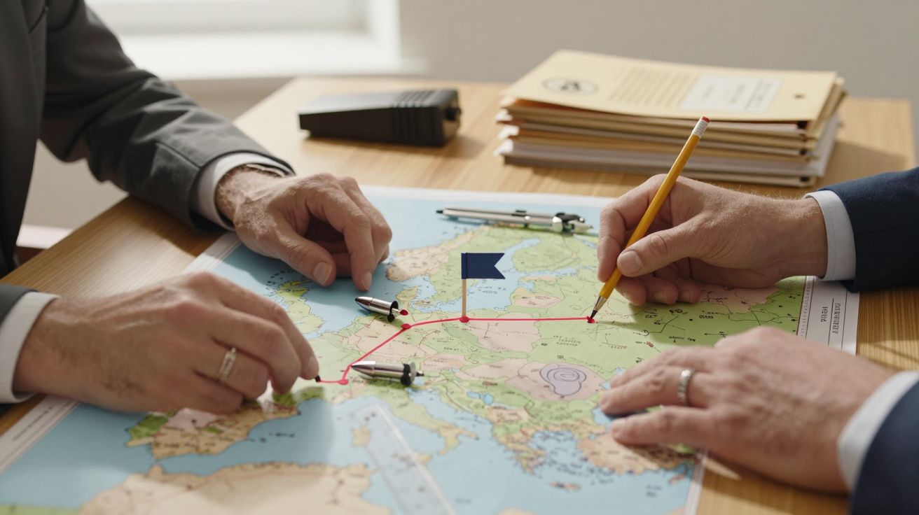 Dwie osoby planujące trasę na mapie Europy, używając pinezek i ołówka, na biurku z dokumentami i walkie-talkie.