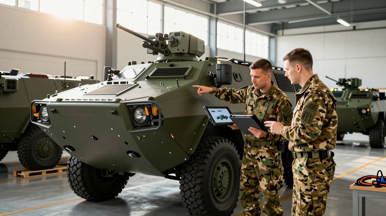Dwóch żołnierzy w mundurach kamuflażowych rozmawia przy opancerzonym pojeździe wojskowym w hangarze.