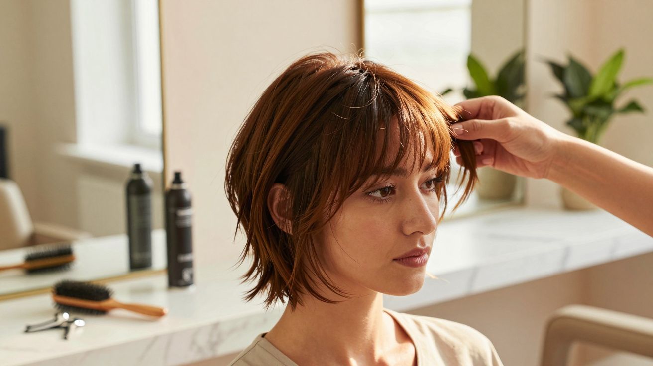 Kobieta z krótkimi, brązowymi włosami w salonie fryzjerskim, fryzjerka poprawia jej grzywkę.