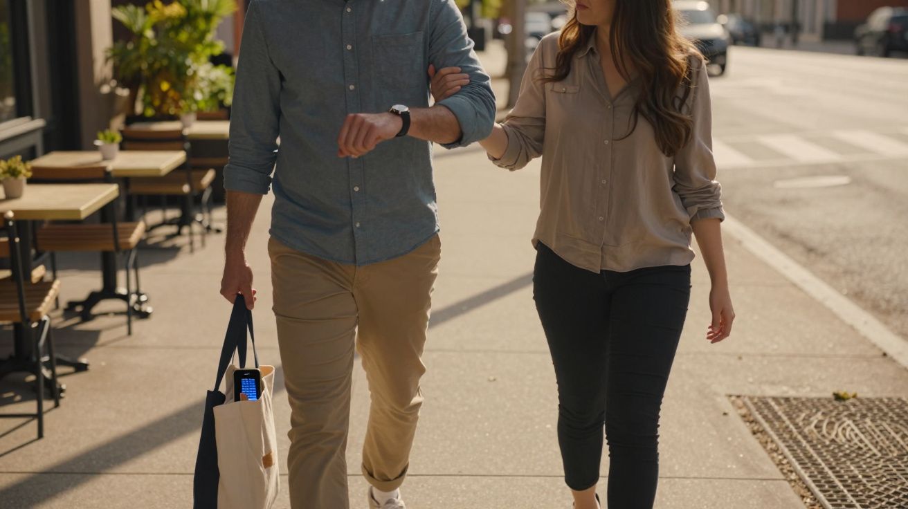 Mężczyzna i kobieta spacerują chodnikiem, trzymając się za ręce. Ona nosi koszulę, on torbę z zakupami.