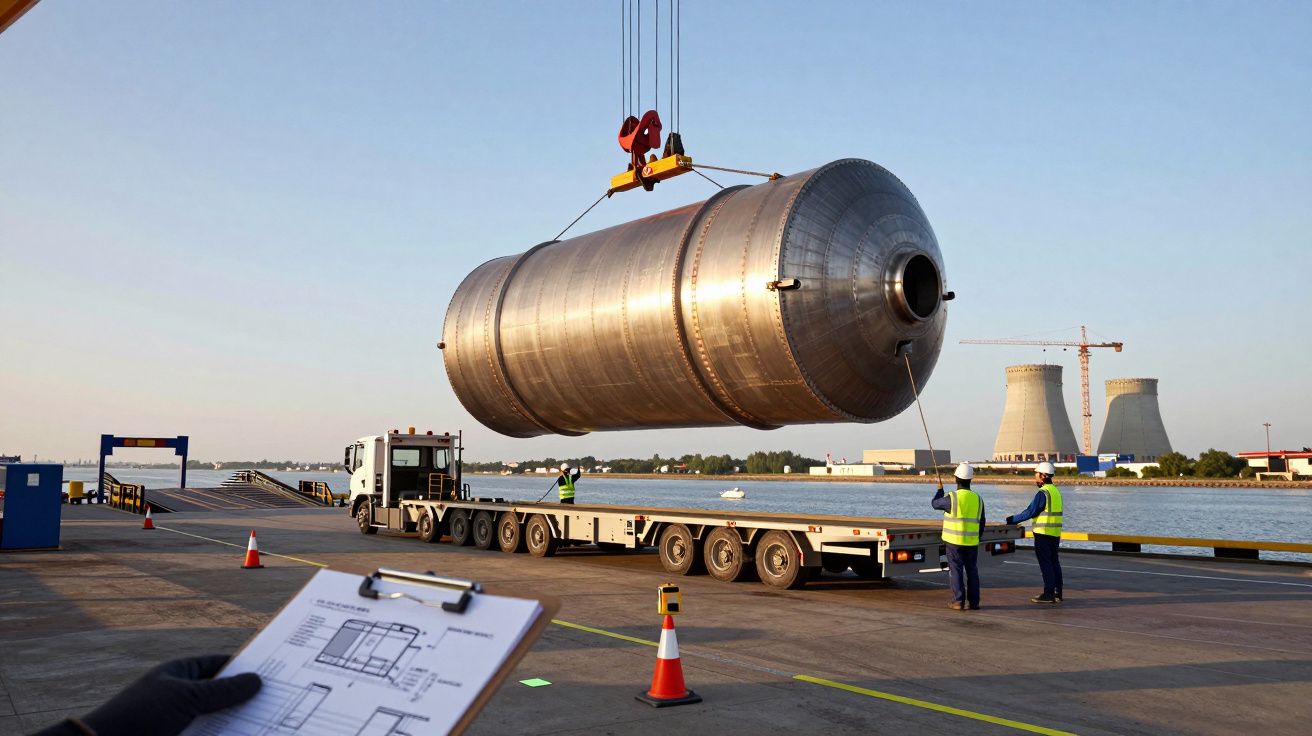 Ciężki metalowy zbiornik unoszony dźwigiem na ciężarówkę, pracownicy w kamizelkach odblaskowych obserwują proces.