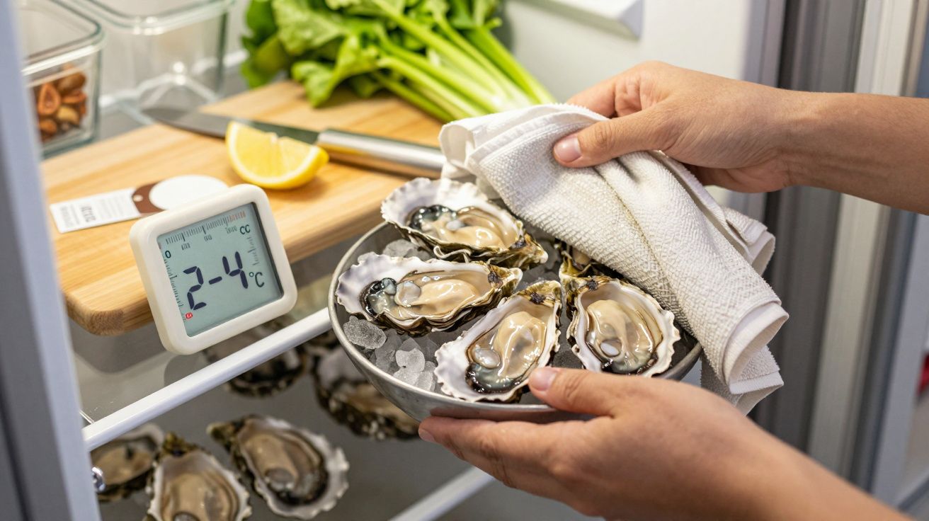 Osoba wkłada talerz ostryg do lodówki, obok cytryna i termometr pokazujący 2.4°C.