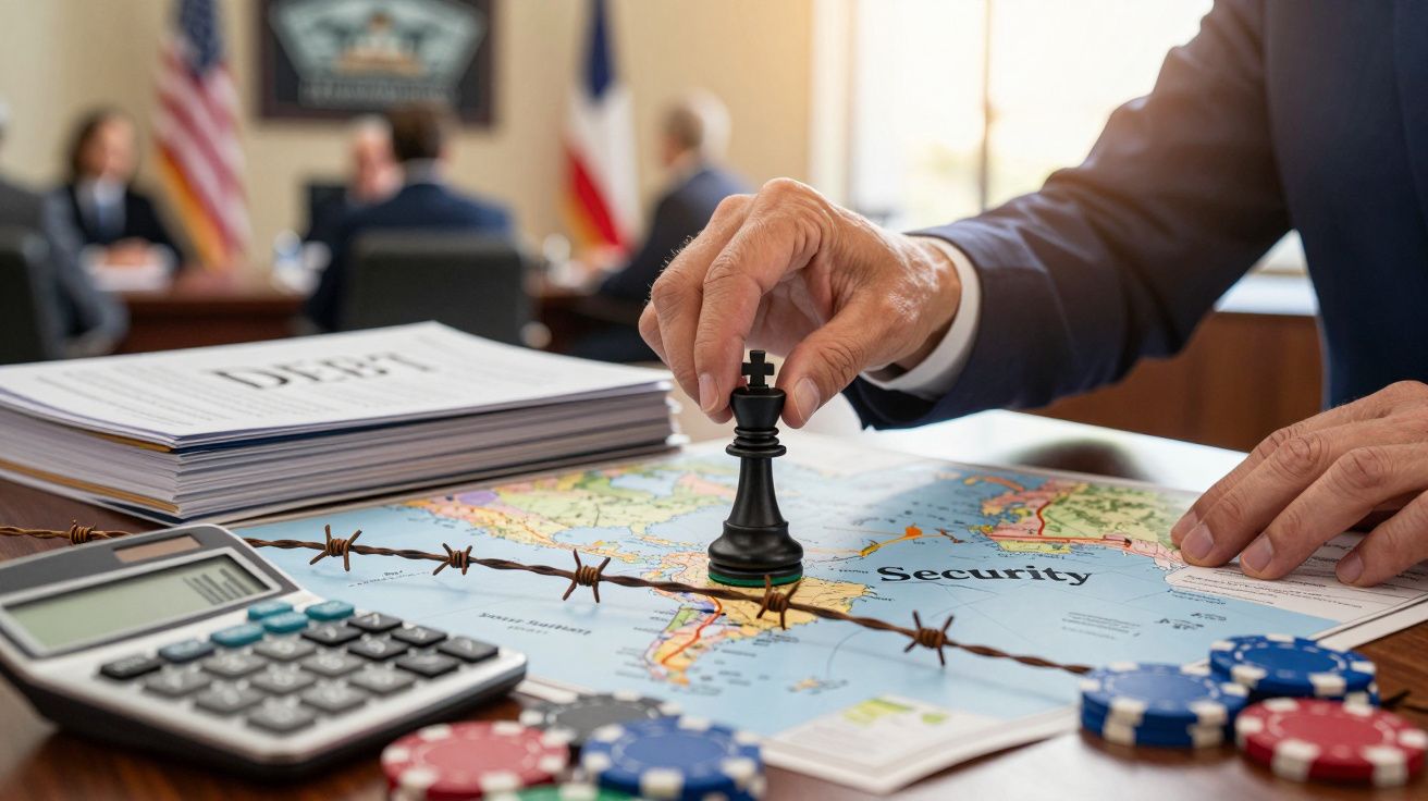Ręka trzymająca figurę szachową nad mapą z drutem kolczastym i żetonami w biurze z flagami w tle.