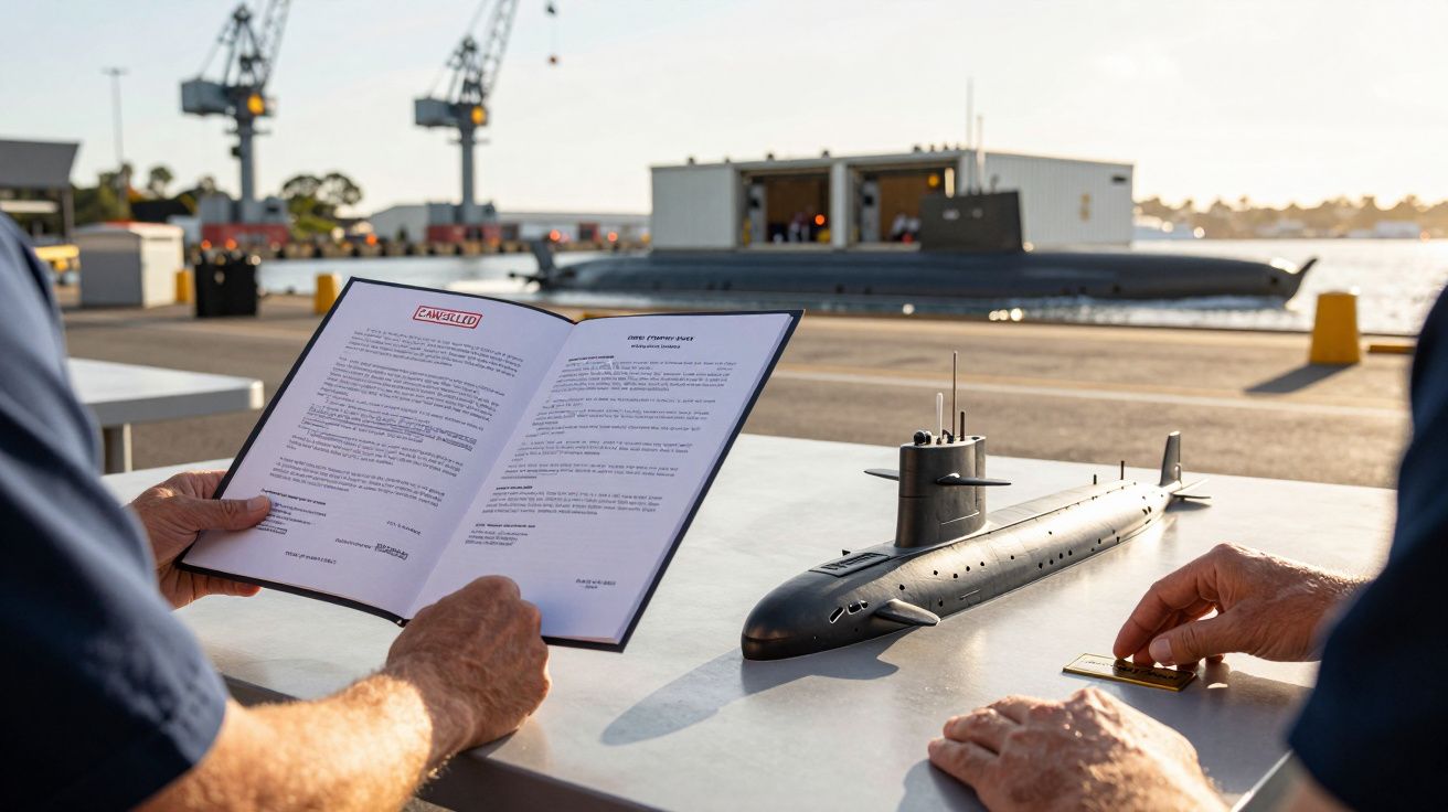 Osoba trzyma dokument obok modelu łodzi podwodnej, w tle port z łodzią podwodną i dźwigami.