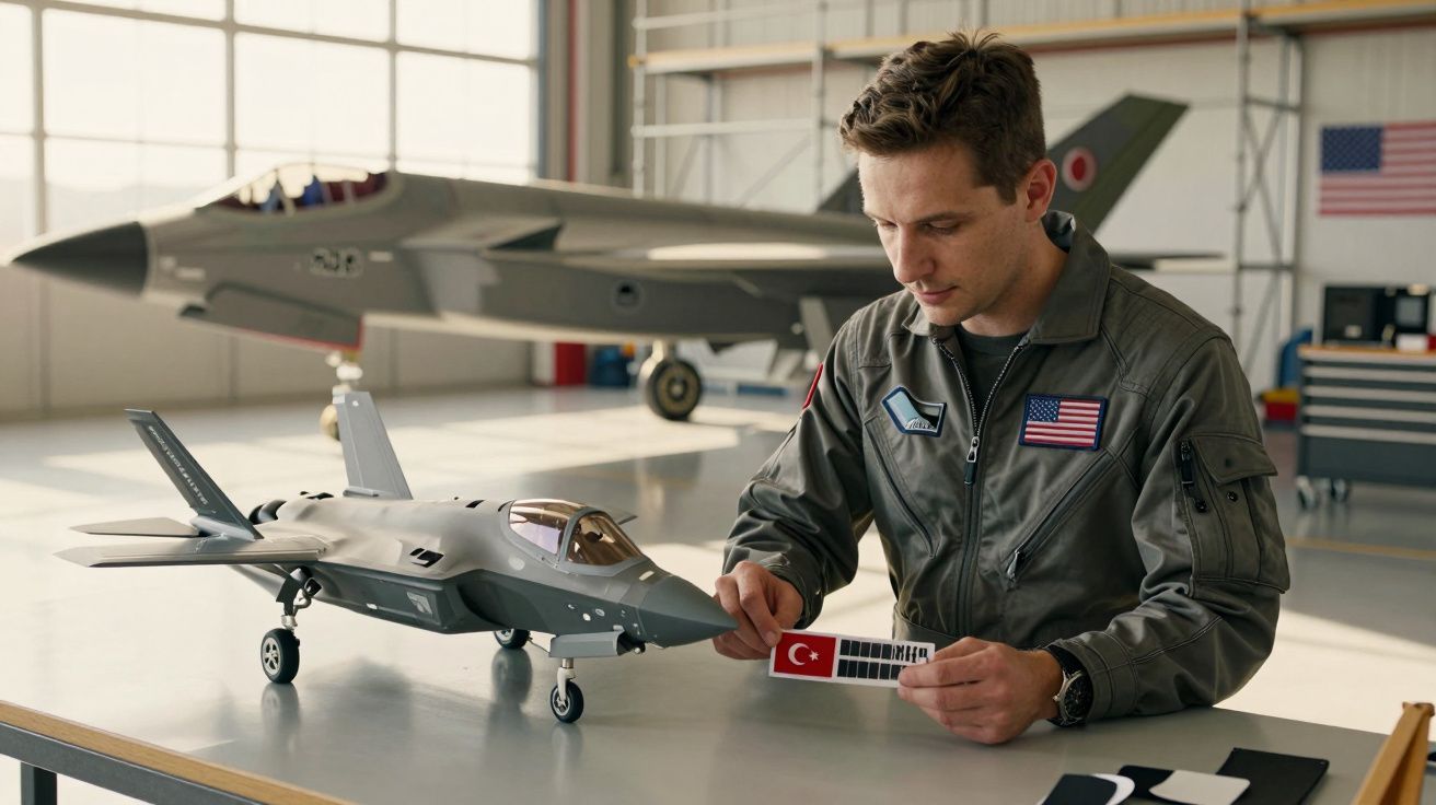 Mężczyzna w kombinezonie lotniczym przygotowuje model myśliwca na stole w hangarze, obok pełnowymiarowy samolot.